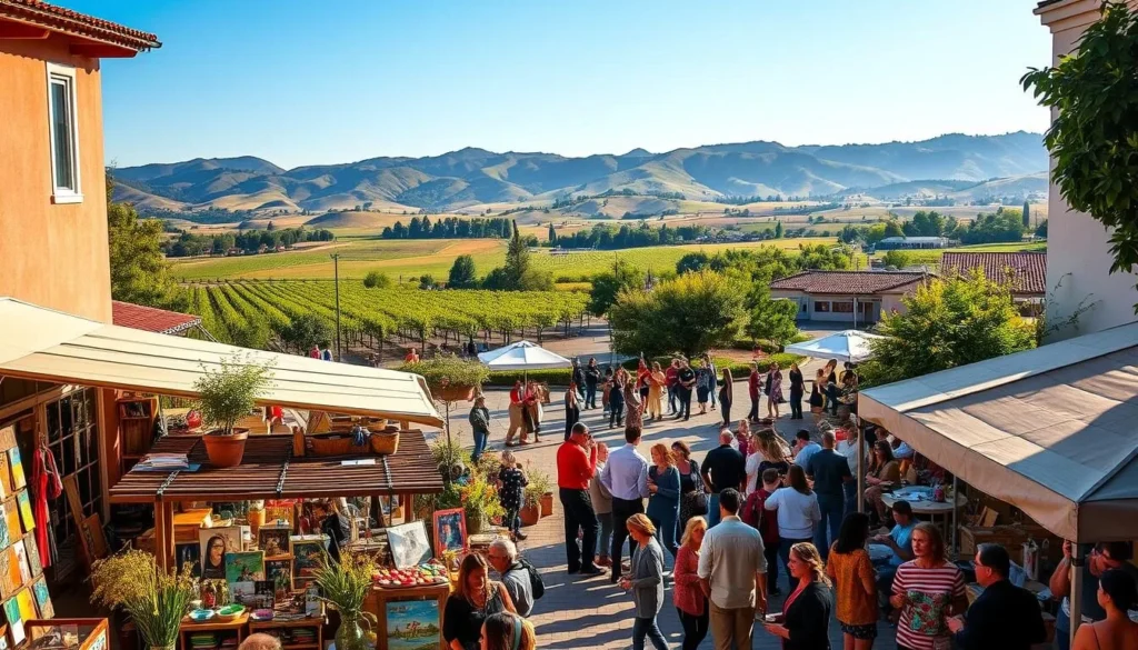 A vibrant landscape of Napa Valley's thriving art scene, capturing the essence of its diverse cultural tapestry. In the foreground, a bustling open-air marketplace showcases local artisans' handcrafted wares, their colorful displays bathed in warm, golden sunlight. In the middle ground, a serene plaza hosts a lively gathering of musicians and performers, their soulful melodies drifting through the air. The background features a picturesque vista of rolling vineyards and majestic hills, framed by a cloudless azure sky. The overall atmosphere exudes a sense of creativity, community, and the region's deep appreciation for the arts.