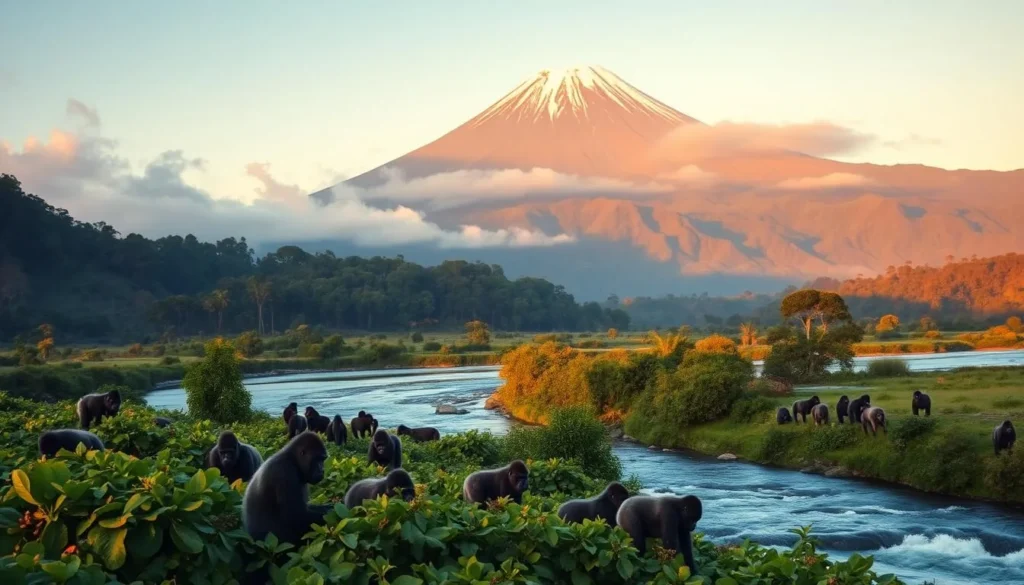 A vibrant landscape of Virunga National Park in the Democratic Republic of the Congo. In the foreground, a herd of mountain gorillas grazing peacefully on lush, verdant foliage. The middle ground features a flowing river with crystal-clear waters, flanked by towering, mist-shrouded volcanic mountains. In the background, a magnificent snow-capped peak rises majestically, bathed in warm, golden sunlight. The scene exudes a sense of tranquility and natural harmony, capturing the essence of this unique and biodiverse region.