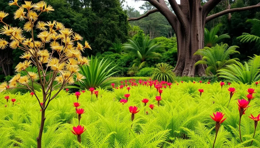 A vibrant landscape showcasing the rich diversity of native Hawaiian plants in a serene, natural setting. In the foreground, delicate hala trees with their iconic fan-shaped leaves sway gently in a warm breeze. The middle ground features a lush carpet of bright green, textured ferns and the iconic red-flowered lehua blossoms. In the background, a towering koa tree stands tall, its sturdy trunk and branches providing a majestic backdrop. The scene is illuminated by warm, diffused natural lighting, capturing the tranquil beauty of this tropical paradise. Capture this verdant, unspoiled Hawaiian ecosystem in all its glory.