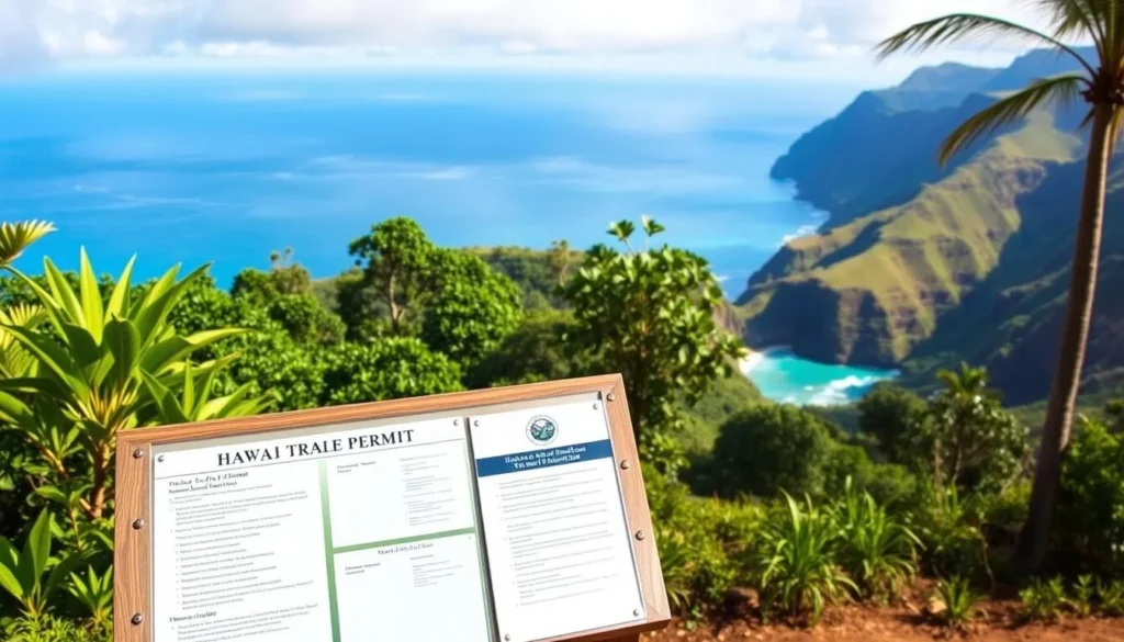 A vibrant landscape showcasing the scenic beauty of Ha'ena State Park on the island of Kauai, Hawaii. The foreground features a well-designed permit booth with clear signage, reflecting the visitor information requirements. The middle ground depicts lush, verdant foliage characteristic of the Hawaiian rainforest, while the background reveals the stunning blue waters of the Pacific Ocean and the iconic Napali Coast cliffs. Soft, natural lighting bathes the scene, creating a warm, inviting atmosphere. The overall composition conveys a sense of tranquility and the need to navigate the park's permit system before embarking on this natural wonder.