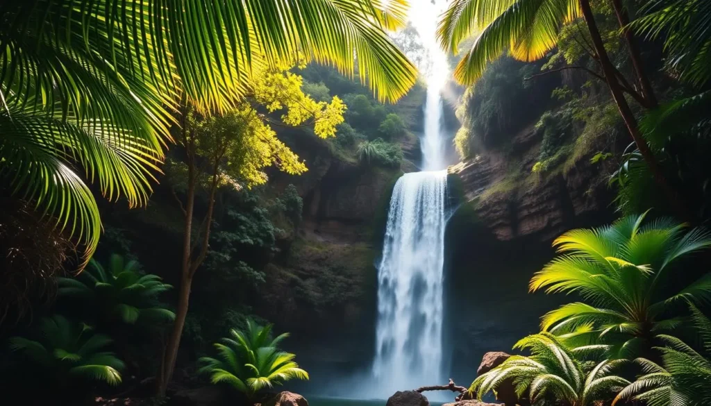 A vibrant, lush rainforest canopy frames the cascading beauty of Akaka Falls, its jade-green fronds swaying in the gentle breeze. Sunlight filters through the verdant foliage, casting a warm, golden glow on the glistening waterfall as it plunges 442 feet into the tranquil pool below. Towering volcanic rock formations provide a majestic backdrop, their rugged textures contrasting with the soft, organic curves of the surrounding vegetation. The air is thick with the earthy scent of moss and ferns, and the soothing sound of the waterfall's gentle roar echoes through the lush, tropical landscape. This serene and awe-inspiring scene invites visitors to bask in the natural wonder of Akaka Falls State Park.