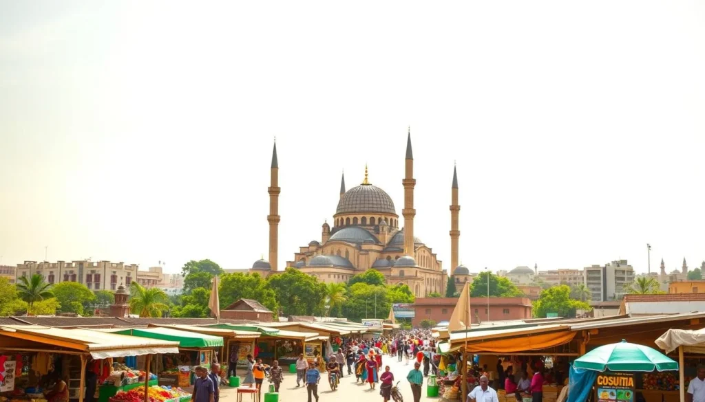 A vibrant marketplace bustles in the foreground, filled with colorful stalls and lively vendors selling an array of local produce and handicrafts. In the middle ground, the grand dome and minarets of a historic mosque stand tall, its intricate architecture reflecting the rich cultural heritage of Akure. The cityscape in the background is dotted with lush greenery and modern buildings, creating a harmonious blend of old and new. Warm, diffused sunlight bathes the scene, casting a golden glow and conveying a sense of tranquility and community. Capture this idyllic urban landscape in a wide-angle, high-resolution image that showcases the vibrant energy and timeless charm of Akure.