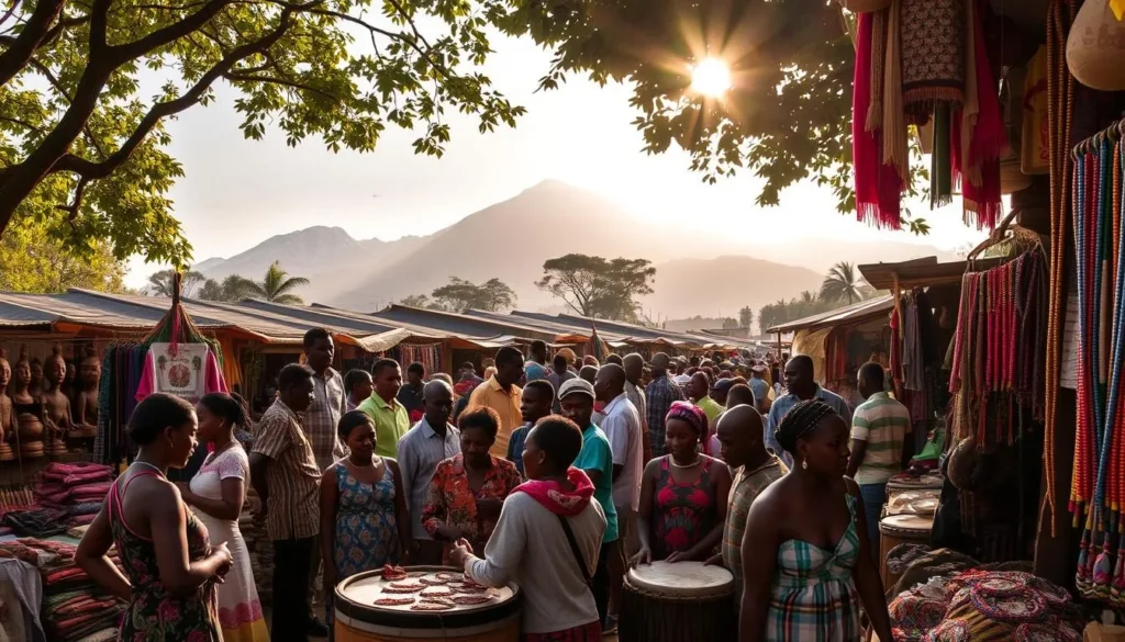 A vibrant marketplace in Bukavu, Democratic Republic of the Congo, bustling with local artisans showcasing their unique handcrafted wares. Vibrant textiles, intricate wood carvings, and colorful beaded jewelry fill the stalls, creating a rich tapestry of cultural heritage. In the background, the majestic Rwenzori Mountains loom, their snow-capped peaks casting a serene glow over the scene. Sunlight filters through the canopy of trees, casting a warm, golden hue over the lively gathering of people haggling and conversing in local dialects. The air is alive with the sounds of laughter, music, and the rhythmic pounding of traditional drums, immersing visitors in the vibrant cultural experiences that define Bukavu.