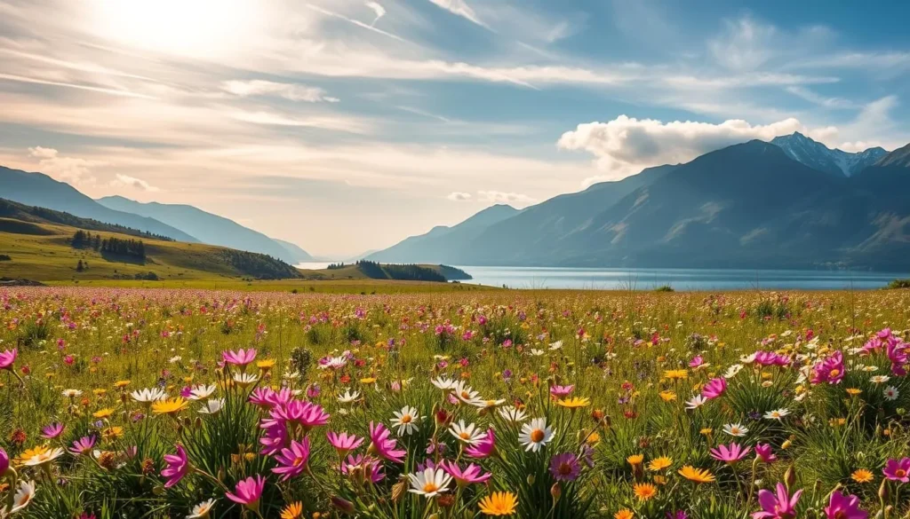 A vibrant meadow carpeted with a kaleidoscope of spring wildflowers stretches out before a serene mountain-ringed reservoir. Sunlight filters through wispy clouds, casting a warm, golden glow over the scene. In the foreground, delicate blossoms in shades of pink, purple, yellow, and white sway gently in a light breeze. The middle ground features rolling hills dotted with clusters of diverse flora, while the distant peaks rise majestically, their snow-capped summits creating a stunning natural backdrop. The overall mood is one of tranquility, natural beauty, and the rejuvenating power of the changing seasons.