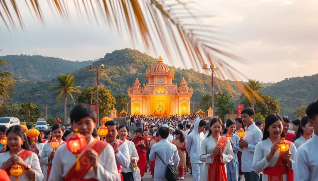 A vibrant memorial festival unfolds on the picturesque shores of Con Dao Island. In the foreground, a serene procession of locals and pilgrims adorned in traditional attire carry ornate lanterns and offerings, their faces aglow with reverence. The middle ground showcases a gathering of people offering prayers and paying respects at a grand memorial structure, its intricate architecture bathed in warm, golden sunlight. In the background, lush, verdant hills rise up, framing the serene scene with a sense of timeless tranquility. The atmosphere is one of solemn commemoration, the air filled with the gentle rustling of palm fronds and the peaceful hum of the community honoring their heritage.