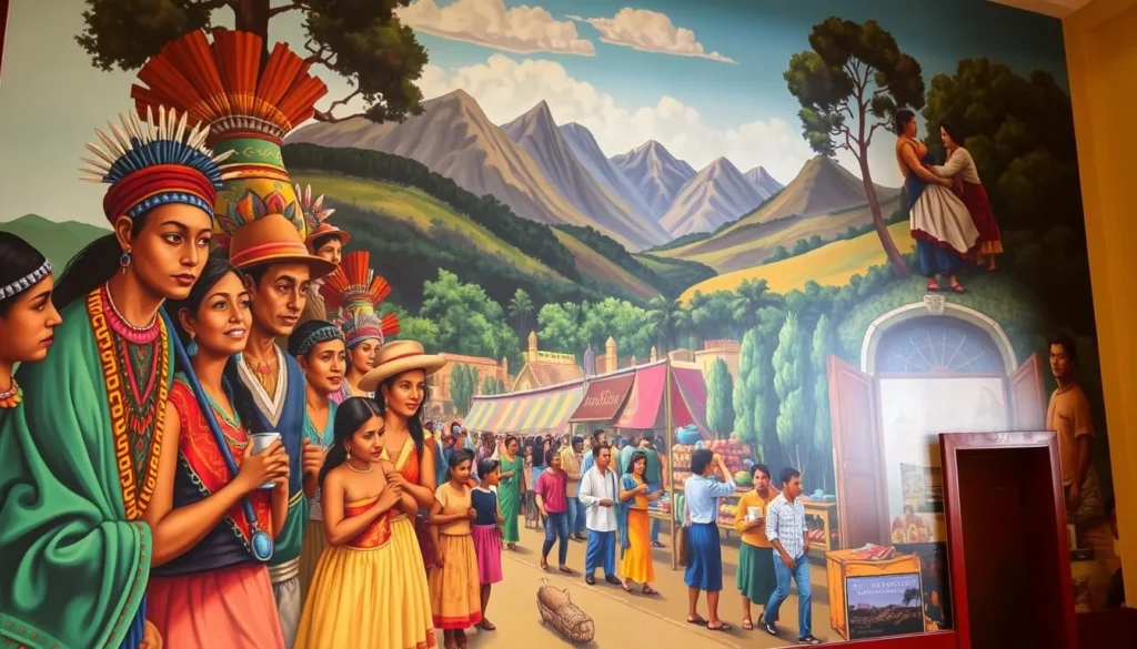 A vibrant mural painting adorns the walls of the Palace of Cortes in Cuernavaca, Mexico. Capturing the rich cultural heritage of the region, the mural depicts a lively scene of indigenous people engaged in daily life. The foreground showcases intricate details of traditional costumes, vibrant colors, and expressive faces. In the middle ground, a bustling marketplace comes to life, with vendors selling an array of goods. The background features the towering mountains and lush greenery that characterize the Cuernavaca landscape. Warm, natural lighting illuminates the scene, creating a sense of depth and atmosphere. The mural is a testament to the artistry and storytelling of the renowned Mexican muralist, Diego Rivera, and serves as a captivating centerpiece within the historic palace.