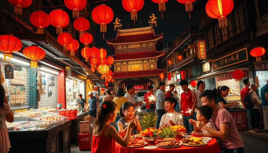 A vibrant night market in Singapore, teeming with red lanterns and the aroma of incense. In the foreground, a family gathers around a table, offerings of fruit, flowers, and roasted meats laid out before them. Children play with sparklers, their laughter echoing through the warm, festive atmosphere. In the middle ground, vendors sell traditional wares, their stalls illuminated by the soft glow of paper lanterns. The background is a tapestry of ornate temples and historic shophouses, their facades adorned with intricate carvings and bright calligraphic banners. The scene is bathed in a warm, golden light, capturing the essence of Singapore's vibrant Hungry Ghost Festival.