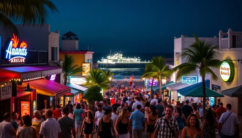 A vibrant nighttime scene in Delray Beach, Florida. The lively Atlantic Avenue is bustling with energy, lined with trendy bars, clubs, and restaurants. Neon signs cast a warm glow, illuminating the crowd of locals and tourists strolling along the palm-fringed sidewalks. In the distance, the iconic Delray Beach Pier stretches out into the inky black ocean, its white lights twinkling like stars. The atmosphere is lively and electric, with the sounds of live music and laughter filling the air. A wide-angle lens captures the dynamic cityscape, showcasing the unique blend of coastal charm and vibrant nightlife that defines Delray Beach after dark.