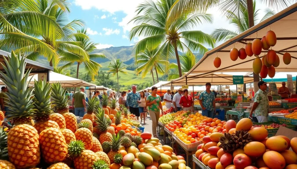 A vibrant open-air market in Hilo, Hawaii, overflowing with a lush abundance of tropical fruits. In the foreground, a colorful display of pineapples, mangoes, papayas, and star fruits, their rich hues glistening in the warm island sunlight. Shoppers meander through the bustling stalls, examining the fresh, locally grown produce. In the middle ground, vendors offer their wares, their friendly faces and traditional Hawaiian shirts creating a welcoming atmosphere. The background features the verdant, rolling hills of the Big Island, framed by swaying palm trees and a clear, azure sky. A gentle breeze rustles the foliage, infusing the scene with a serene, natural ambiance. Capture the vibrant, authentic essence of the Hilo Farmers Market, a beloved gathering place for both locals and visitors alike.