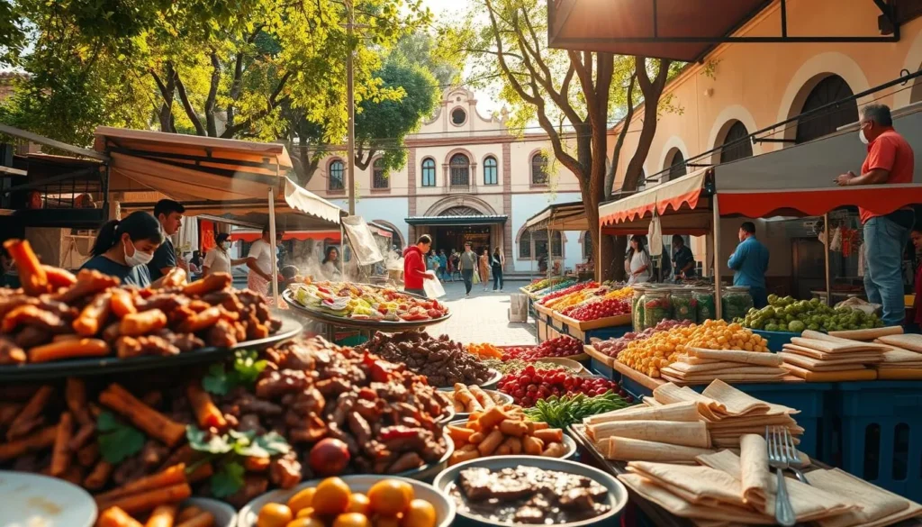 A vibrant open-air market in Morelia, Mexico, showcasing an array of local cuisine. In the foreground, an artfully arranged display of freshly prepared regional dishes, such as carnitas, mole, and tamales, exuding mouthwatering aromas. The middle ground features colorful produce stalls, with vendors enthusiastically showcasing their seasonal fruits and vegetables. In the background, historic colonial architecture frames the scene, bathed in warm, golden sunlight that filters through the lush foliage. The atmosphere is lively and inviting, capturing the essence of Morelia's rich culinary heritage and vibrant community spirit. Shot with a wide-angle lens to encompass the bustling energy of this authentic gastronomic experience.