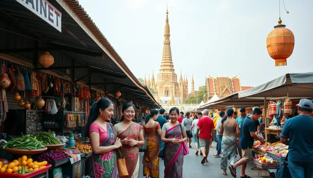 A vibrant open-air market in Pathum Thani, Thailand, bustling with locals haggling over fresh produce and handcrafted goods. In the foreground, a group of women in traditional Thai dresses gracefully negotiate prices, their expressions warm and engaging. The middle ground showcases a variety of stalls selling an array of colorful textiles, ceramics, and other cultural artifacts. In the background, a grand Buddhist temple towers, its golden spires glistening in the soft, natural lighting. The scene conveys a sense of cultural authenticity, immersing the viewer in the vibrant traditions and everyday life of Pathum Thani.