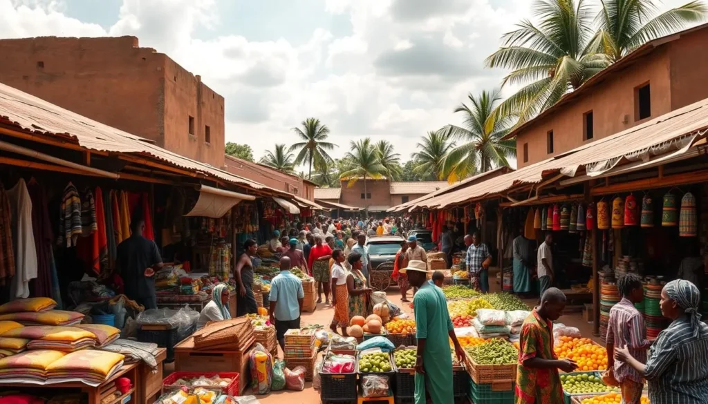 A vibrant open-air marketplace in Lokoja, Nigeria, bustling with local vendors and customers. In the foreground, stalls display an array of colorful textiles, fresh produce, and handcrafted goods. The middle ground is a lively scene of shoppers haggling and browsing, creating a palpable energy. In the background, traditional mud-brick buildings and lush palm trees frame the market, bathed in warm, golden sunlight filtering through the clouds. The atmosphere is one of community, commerce, and cultural immersion, inviting the viewer to explore the sights, sounds, and flavors of this authentic local experience.