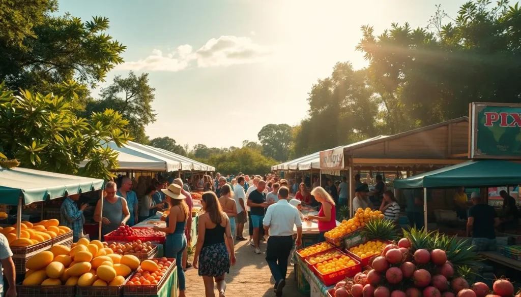 A vibrant outdoor festival celebrating the bounty of Southern fruits, set against a backdrop of lush greenery and clear skies. In the foreground, colorful stalls brimming with ripe mangoes, lychees, dragonfruit, and other local produce. Vendors and patrons mingle, sampling the sweet, juicy treats. In the middle ground, families and friends gather around communal tables, savoring the flavors and camaraderie. The scene is illuminated by warm, golden sunlight, casting a serene, celebratory atmosphere. Capture the essence of this seasonal agricultural festival with its sights, sounds, and aromas of the South's vibrant fruit culture.