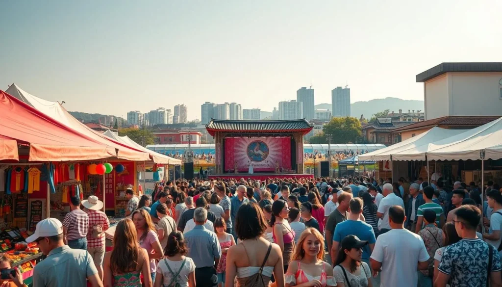 A vibrant outdoor festival in Bucheon, South Korea, on a sunny day. In the foreground, a crowd of people mingle amidst colorful vendor stalls selling traditional crafts, street food, and handmade goods. In the middle ground, a grand stage hosts lively cultural performances, with dancers in traditional costumes moving gracefully to the beat of drums and wind instruments. In the background, the cityscape of Bucheon rises, its modern architecture complementing the historic feel of the festival. Warm, golden lighting casts a festive glow over the scene, capturing the energy and joy of the community gathering.