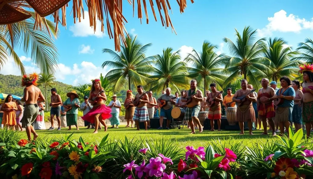 A vibrant outdoor festival in Samoa, with lively dancers in traditional costumes performing on a lush, verdant stage. In the foreground, intricate weavings and vibrant floral arrangements adorn the celebration. The middle ground showcases skilled musicians playing rhythmic drums and ukuleles, their movements fluid and energetic. In the background, a sun-dappled tropical landscape frames the scene, with swaying palm trees and a clear blue sky above. The atmosphere is one of joyous cultural celebration, with a sense of warmth, community, and deep cultural heritage.