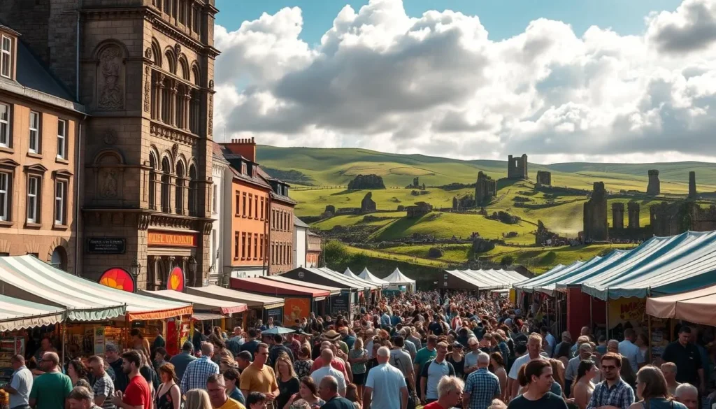 A vibrant outdoor festival scene in the heart of Ulster, Ireland. In the bustling foreground, crowds of people mingle amidst colorful food stalls, artisanal craft booths, and lively music performances. Towering traditional buildings frame the middle ground, their facades adorned with ornate carvings and vibrant murals. In the background, rolling green hills dotted with ancient stone ruins create a picturesque, timeless backdrop. Warm sunlight filters through fluffy white clouds, casting a golden glow over the entire scene. The atmosphere is one of celebration, community, and deep cultural heritage.