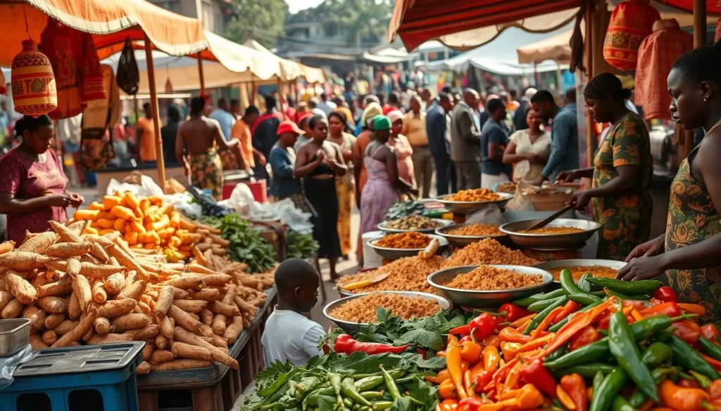 A vibrant outdoor market in Abakaliki, Nigeria, bustling with vendors selling an array of traditional Igbo cuisine. In the foreground, colorful stalls display an assortment of fresh produce, including juicy yams, leafy greens, and vibrant peppers. The middle ground features vendors skillfully preparing local dishes like steaming hot Abakaliki rice and spicy Abakaliki soup, their aroma wafting through the air. In the background, a lively crowd of locals and visitors mingle, immersed in the lively atmosphere of this authentic culinary experience. The scene is bathed in warm, natural lighting, capturing the vibrant energy and rich cultural heritage of Abakaliki's renowned cuisine.