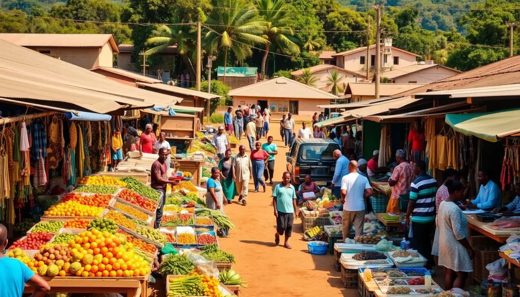 A vibrant outdoor market in Uvira, Democratic Republic of the Congo, bustling with activity on a sunny day. In the foreground, stalls overflowing with colorful local produce, artisanal crafts, and lively vendors engaging with customers. In the middle ground, winding paths filled with people browsing, haggling, and socializing. In the background, a backdrop of modest buildings and lush greenery, creating a warm, community-driven atmosphere. Warm lighting illuminates the scene, casting a golden glow over the dynamic market setting. Capture the essence of Uvira's cultural richness and the vibrant everyday life of its local marketplace.