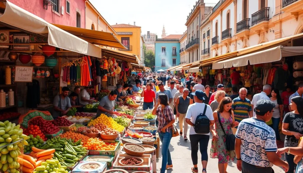 A vibrant outdoor market in the heart of Xalapa, Mexico, bustling with activity. Stalls brimming with an array of fresh produce, fragrant spices, and handcrafted artisanal goods. Shoppers weave through the lively crowds, haggling with friendly vendors under the warm, sun-dappled sky. In the foreground, colorful textiles and ceramics catch the eye, while in the middle ground, the scent of sizzling street food wafts through the air. The background is filled with the historic architecture of Xalapa, creating a charming and authentic atmosphere. Capture the vibrant energy and sensory delight of this captivating market, a true food lover's paradise.
