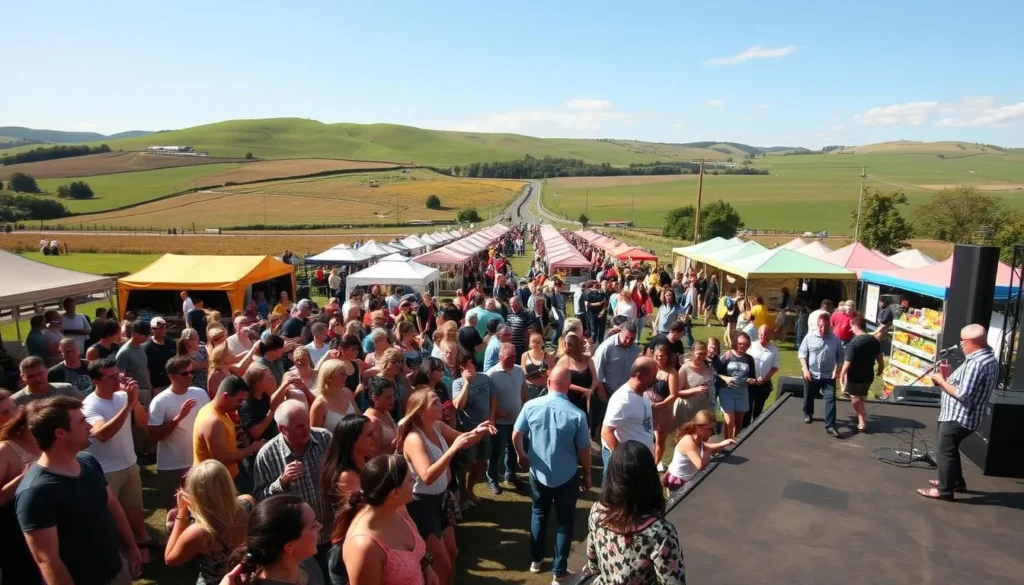 A vibrant outdoor music festival in the picturesque Leinster region of Ireland. In the foreground, a large crowd of festival-goers dance and sway to the rhythmic beats of a lively band on stage, their energy and enthusiasm palpable. In the middle ground, rows of colorful food and craft stalls line the pathways, while attendees browse the local wares. In the background, rolling green hills and a clear blue sky set the serene, pastoral scene. The warm, golden sunlight casts a soft, natural glow over the entire festival, creating a welcoming, joyful atmosphere. Crisp, high-resolution photography with a wide-angle lens captures the vibrant, lively spirit of this beloved Leinster music celebration.