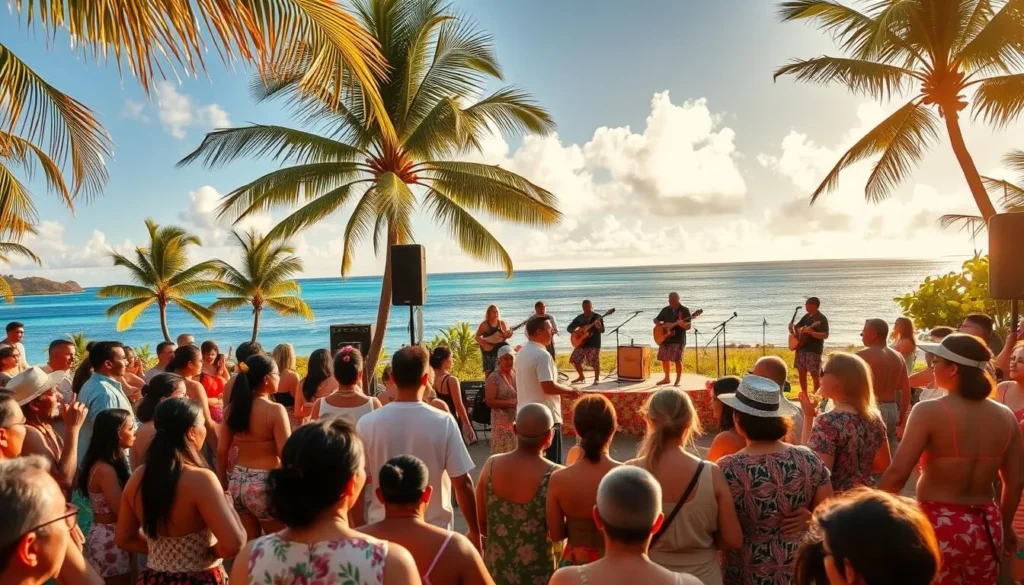 A vibrant outdoor music festival set in the tranquil Pacific paradise of Tokelau. In the foreground, a lively crowd of locals and visitors sway to the rhythmic beats of traditional Tokelauan music, their colorful attire and joyful expressions capturing the celebratory atmosphere. In the middle ground, a stage adorned with tropical flowers and woven mats hosts a talented ensemble of musicians playing a variety of indigenous instruments, their performances infusing the air with the soulful melodies of the islands. The background reveals a stunning landscape of swaying palm trees, azure skies, and the shimmering waters of the lagoon, creating a picturesque setting that evokes the serene beauty of Tokelau. Warm, golden lighting casts a soft glow over the entire scene, lending an air of timeless enchantment to the Tokelau Music Festival.