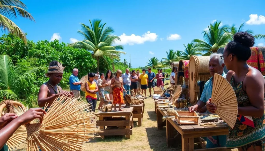 A vibrant outdoor scene at the Tokelau Arts Festival, showcasing an array of traditional crafts and artworks. In the foreground, artisans skillfully weave intricate baskets and fans from natural materials, their fingers deftly manipulating the fibers. Behind them, a variety of handcrafted wooden sculptures, woven mats, and vibrant textiles are displayed on rustic tables, their vibrant colors and textures catching the warm, natural light. In the middle ground, a small crowd of festival-goers admire the stunning creations, their expressions one of wonder and appreciation. In the distance, lush tropical foliage and a clear, blue sky create a serene and inviting backdrop, evoking the idyllic island setting of the Tokelau archipelago.