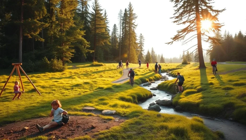 A vibrant outdoor scene in Beaverton, Oregon, capturing the essence of adventure for all ages. A lush forest backdrop frames a grassy meadow where a family explores trails, cycling, and picnicking. Warm sunlight filters through the trees, casting a golden glow on the scene. In the foreground, children play on a swing set, while nearby, hikers ascend a winding path. In the middle ground, a crystal-clear stream cuts through the landscape, inviting visitors to dip their toes. The overall atmosphere exudes a sense of tranquility and natural wonder, showcasing the diverse outdoor activities Beaverton has to offer.