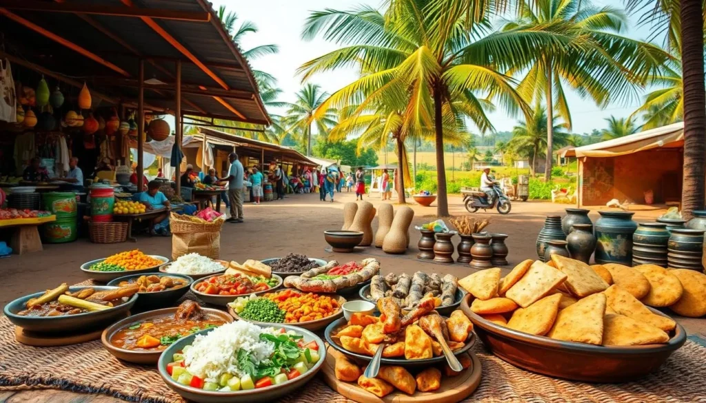 A vibrant outdoor scene in Benin, showcasing the rich and flavorful cuisine of the region. In the foreground, an array of colorful dishes are laid out on a traditional woven mat, including fragrant stews, grilled meats, and freshly baked breads. The middle ground features a bustling open-air market, with vendors offering an abundance of local produce, spices, and handcrafted ceramics. In the background, a lush, verdant landscape with towering palm trees sets the scene, bathed in warm, golden sunlight. The overall atmosphere exudes a sense of community, culture, and a deep appreciation for the culinary traditions of Benin.