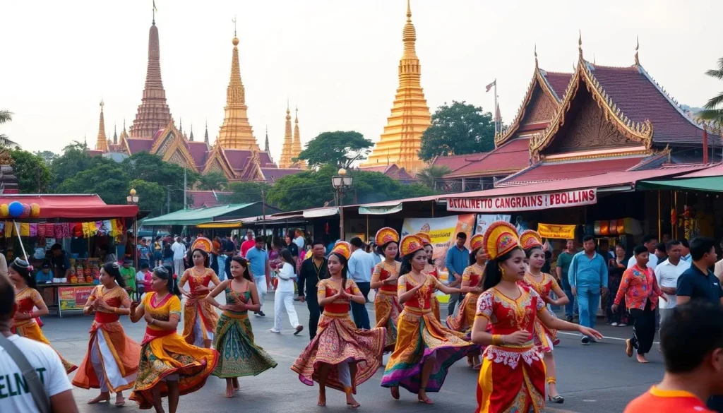 A vibrant outdoor scene in Phnom Penh, Cambodia, showcasing the lively cultural festivals. In the foreground, a colorful parade with dancers in traditional costumes and elaborate headdresses, their movements graceful and energetic. In the middle ground, bustling markets with vendor stalls overflowing with handcrafted goods, the air filled with the aroma of spices and incense. In the background, the ornate spires and domes of ancient Buddhist temples, bathed in warm golden light. The atmosphere is one of joyous celebration, with locals and tourists alike immersed in the rich cultural heritage of Cambodia.