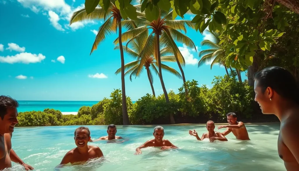 A vibrant outdoor scene in Samoa, captured under a bright, sun-dappled sky. In the foreground, a group of locals engage in traditional water sports, their laughter and splashing creating a lively atmosphere. The middle ground features lush, verdant foliage and towering palm trees, casting dappled shadows on the pristine beach below. In the distance, a stunning azure ocean horizon stretches out, its gentle waves lapping against the shore. The overall mood is one of serene, sun-soaked adventure, perfectly capturing the essence of Samoa's best months for outdoor activities.