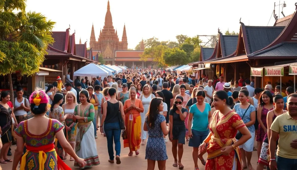 A vibrant outdoor scene in Siem Reap, Cambodia during a lively cultural festival. In the foreground, colorfully dressed locals perform traditional dances, their intricate costumes and graceful movements capturing the energy of the celebration. In the middle ground, crowds of people mingle, chatting and laughing as they browse various stalls selling handcrafted goods, delicious street food, and other festival wares. The background features iconic Khmer architecture, with ornate temple spires and ancient stone structures providing a striking backdrop. The entire scene is bathed in warm, golden sunlight, lending a joyful, celebratory atmosphere to the vibrant proceedings.
