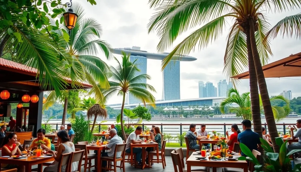 A vibrant outdoor scene in Singapore showcasing the essence of Thai cuisine. In the foreground, a bustling open-air restaurant with tables adorned with traditional Thai decor and diners savoring delectable dishes. The middle ground features a lush tropical backdrop with palm trees swaying gently in the warm breeze. In the background, the iconic Marina Bay Sands skyline stands tall, creating a harmonious blend of modern and traditional elements. Soft, diffused lighting casts a warm, inviting glow over the entire scene, capturing the perfect ambiance for an authentic Thai dining experience in the heart of Singapore.