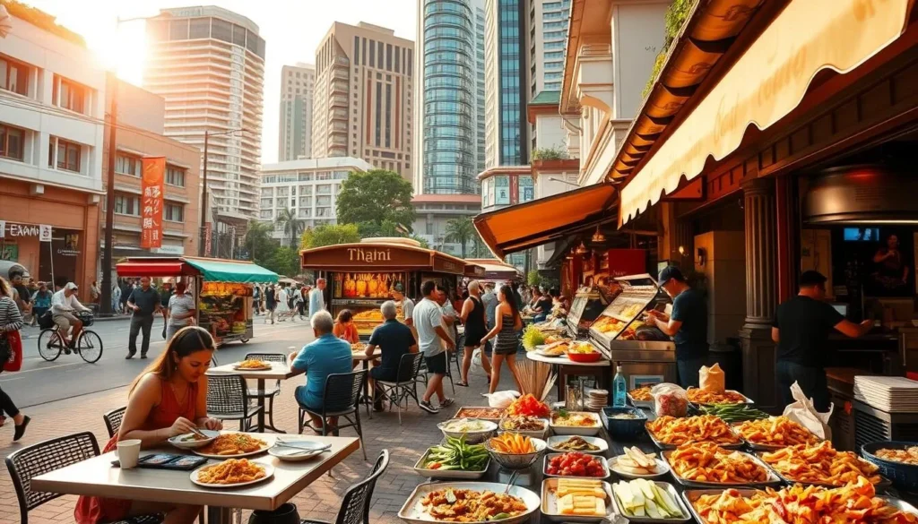 A vibrant outdoor scene of a bustling Singaporean street, showcasing the lively Thai food culture. In the foreground, a group of diners enjoy a sumptuous Thai meal at a charming open-air restaurant, surrounded by the sights and sounds of the city. The middle ground features vendors selling fragrant street food, with colorful dishes and ingredients on display. In the background, a mix of modern and traditional Singaporean architecture creates a visually captivating backdrop, bathed in warm, golden sunlight. The atmosphere is lively and inviting, capturing the essence of the vibrant Thai food scene thriving in this multicultural city.