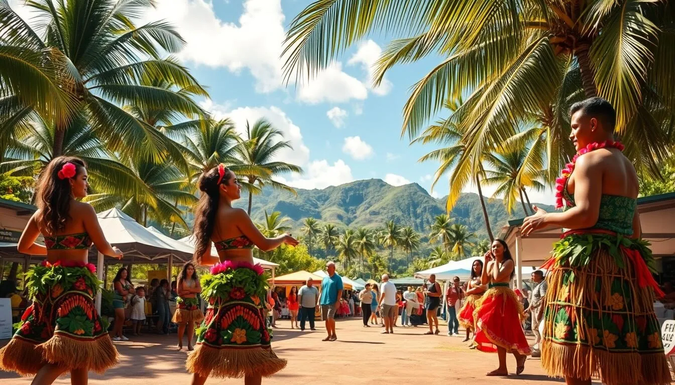 A vibrant outdoor scene showcasing the rich cultural festivities of Samoa. In the foreground, a group of graceful dancers adorned in traditional Samoan attire perform a captivating hula dance, their colorful costumes and intricate movements swaying in the gentle breeze. In the middle ground, a lively marketplace bustles with locals and visitors browsing handcrafted wares, sampling local delicacies, and immersing themselves in the island's vibrant spirit. The background is dominated by lush, verdant landscapes, with swaying palm trees and a clear, azure sky overhead, creating a picturesque tropical ambiance. Warm, natural lighting illuminates the scene, capturing the warmth and energy of this Samoan cultural celebration.