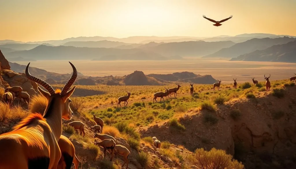 A vibrant panorama of the Dana Biosphere Reserve in Jordan, showcasing its diverse wildlife. In the foreground, a majestic ibex surveys the rugged, sun-dappled terrain, its distinctive curved horns silhouetted against the bright sky. In the middle ground, a troop of Nubian ibex grazes on the lush vegetation, their agile movements captured in sharp detail by a telephoto lens. In the distance, a soaring raptor, perhaps a Bonelli's eagle, glides effortlessly on the warm thermals, its powerful wings outstretched. The scene is bathed in the golden glow of a picturesque afternoon, conveying a sense of tranquility and the remarkable natural beauty of this protected biosphere.