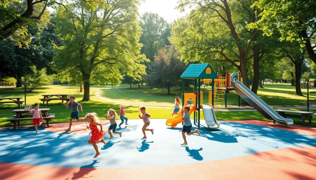 A vibrant playground nestled in a verdant park, sunlight filtering through lush trees, casting a warm glow on the colorful equipment. Children's laughter echoes as they dart across the soft, rubberized surface, swinging on sturdy chains, climbing sturdy structures, and sliding down sleek metal slides. In the background, a picnic area with wooden tables and benches beckons families to gather and enjoy the idyllic setting. The scene exudes a sense of joy, community, and a perfect day outdoors for all ages.