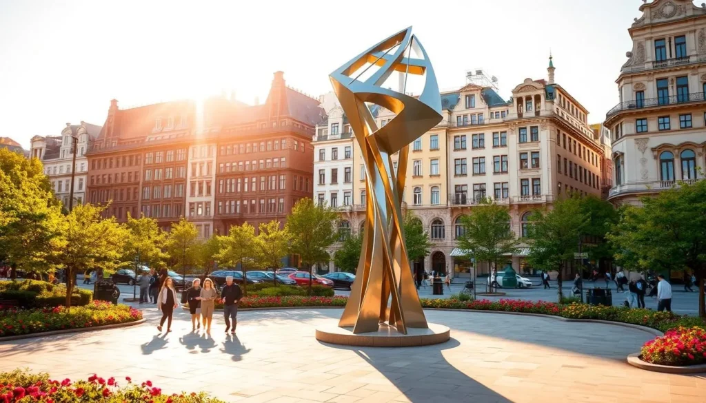 A vibrant public art installation situated in a scenic urban plaza, bathed in warm, golden sunlight. In the foreground, a towering, abstract sculpture crafted from sleek, polished metal, its striking geometric forms casting intricate shadows across the ground. Surrounding the centerpiece, a lush garden filled with vibrant flowers and lush greenery, creating a serene and inviting atmosphere. In the middle ground, people stroll leisurely, pausing to admire the artwork and take in the tranquil ambiance. In the background, a backdrop of stately, historic buildings, their facades adorned with intricate architectural details, complementing the modern art installation. The scene conveys a harmonious blend of old and new, inspiring wonder and appreciation for the city's artistic spirit.