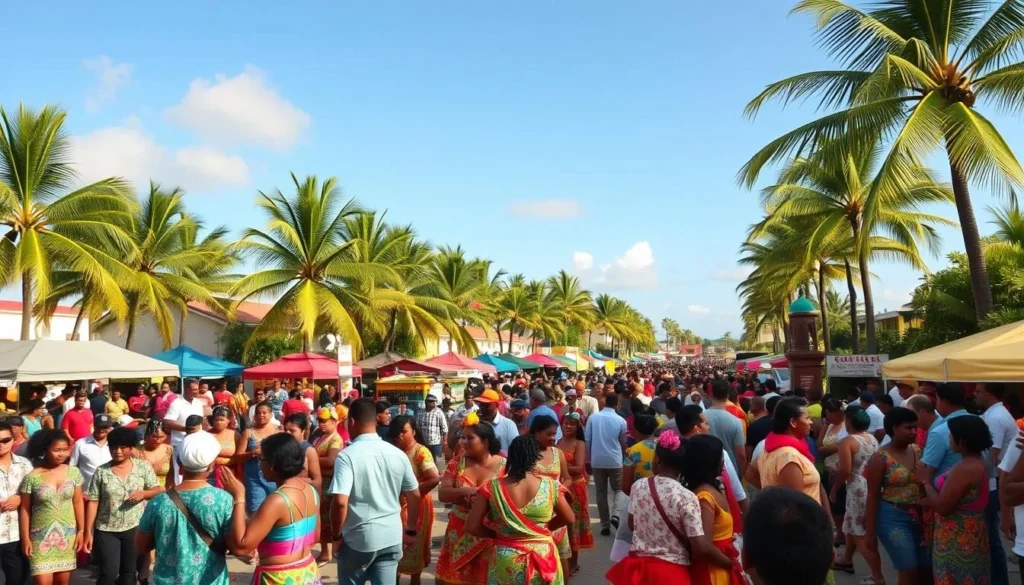 A vibrant public holiday celebration in Tonga, with a lively crowd gathered in a picturesque town square. In the foreground, locals wearing traditional Tongan clothing dance and perform cultural rituals, their bright colors and energetic movements filling the frame. In the middle ground, vendors sell handcrafted goods and regional delicacies, creating a bustling marketplace atmosphere. The background features a backdrop of tropical palm trees swaying gently in the breeze, with a clear blue sky overhead, bathing the scene in warm, natural light. The overall mood is one of joyous community spirit and national pride, capturing the essence of Tonga's public holidays and national celebrations.