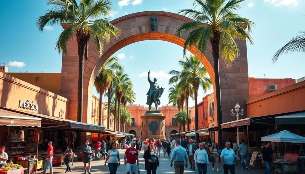 A vibrant public square in Cuernavaca, Mexico, Plaza Moctezuma stands as a testament to the nation's revolutionary past. Capture the scene on a sun-dappled afternoon, the iconic stone archway framing the bustling marketplace. Vendors sell their wares under colorful awnings, while locals and tourists alike mingle amidst the thriving energy. In the center, a grand statue of Emiliano Zapata, a celebrated revolutionary hero, gazes over the square, his arm raised in defiant determination. Warm hues of ochre and terracotta buildings create a rich, textured backdrop, complemented by the lush foliage of towering palm trees swaying gently in the breeze. Convey the vibrant history and cultural essence of this iconic Mexican locale.