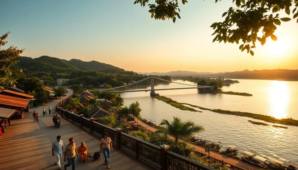 A vibrant riverside town in Cambodia, Kampong Cham comes alive under the warm, golden sun. Capture the serene Mekong River winding through the lush, verdant landscape, its banks dotted with traditional wooden houses and quaint cafes. In the foreground, locals stroll along the picturesque promenade, taking in the tranquil atmosphere. The middle ground showcases the iconic Kizuna Bridge, a striking suspension bridge that connects the town to the opposite bank. In the background, rolling hills and dense tropical foliage create a peaceful, verdant backdrop, conveying the essence of this riverside gem. Employ a wide-angle lens to immerse the viewer in the scene, and utilize soft, diffused lighting to enhance the serene, idyllic mood.