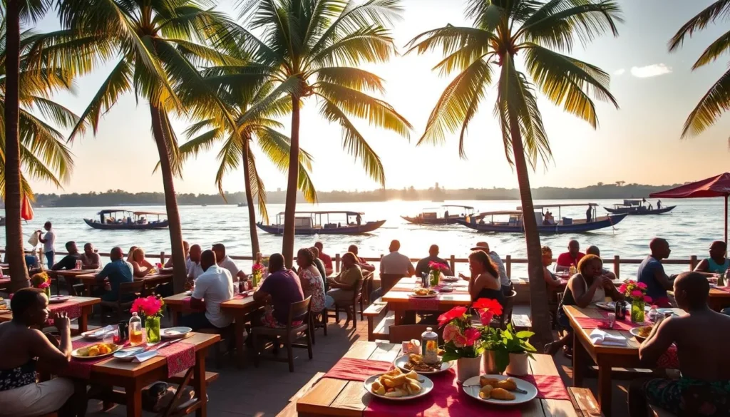 A vibrant scene along the banks of the Congo River in Brazzaville, Congo. In the foreground, a lively outdoor dining area with local cuisine being served on wooden tables, adorned with colorful tablecloths and fresh flowers. Mid-ground, people are relaxing and enjoying their meals, soaking in the warm, golden afternoon sunlight filtered through lush palm trees. In the background, the majestic Congo River flows peacefully, with traditional wooden boats drifting by. The atmosphere is one of tranquility and celebration of the local food culture, with an essence of tropical adventure.