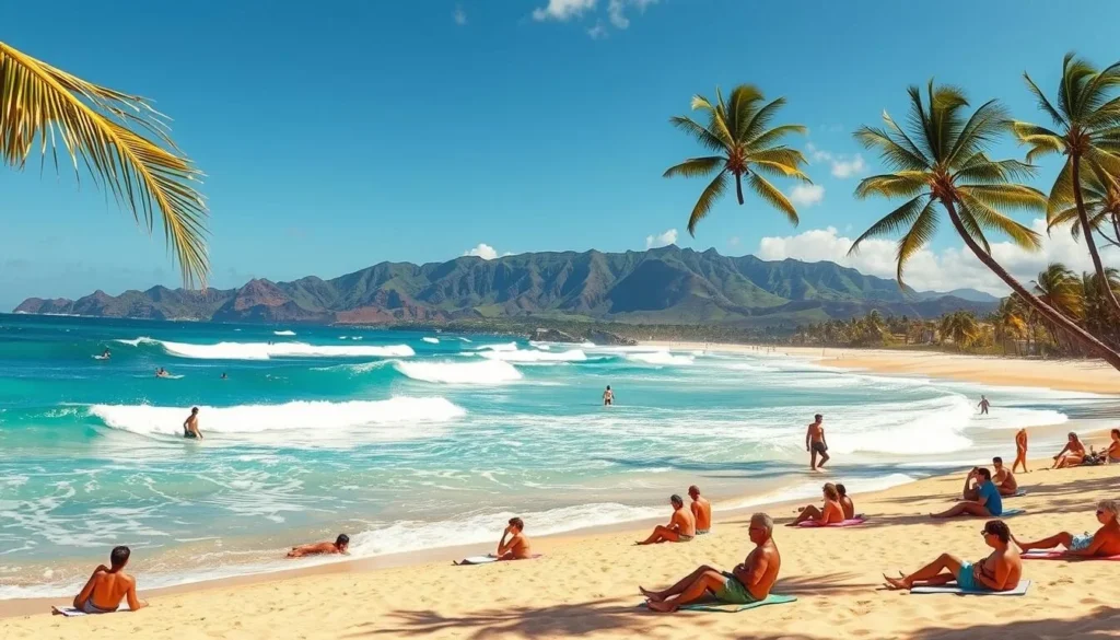 A vibrant scene at Kahanamoku Beach, Oahu, on a sun-kissed afternoon. In the foreground, people lounge on the soft, golden sand, soaking in the warm Hawaiian rays. Surfers glide gracefully through the rolling turquoise waves, their boards cutting through the crystal-clear water. In the middle ground, palm trees sway gently in the gentle breeze, casting dappled shadows across the beach. The distant volcanic mountains rise majestically, their lush, verdant slopes framing the idyllic coastal landscape. The overall atmosphere is one of relaxation and pure island bliss, perfectly capturing the essence of the Kahanamoku Beach experience.