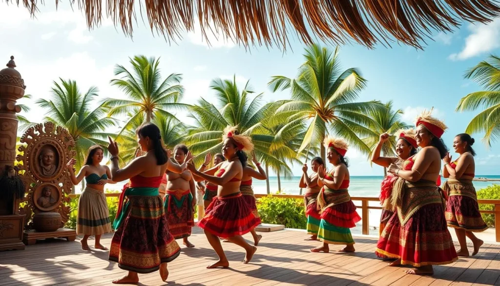 A vibrant scene capturing the essence of Palau's cultural heritage. In the foreground, a group of islanders dressed in traditional garments perform a lively dance, their movements graceful and rhythmic. The middle ground features intricate wooden carvings and vibrant textiles, showcasing the skilled craftsmanship of the local artisans. In the background, a lush tropical landscape unfolds, with swaying palm trees and a clear, azure sky. The lighting is warm and natural, casting a soft glow over the entire scene, evoking a sense of tranquility and timelessness. The composition is balanced, with the cultural elements taking center stage, while the natural surroundings provide a serene and immersive backdrop.