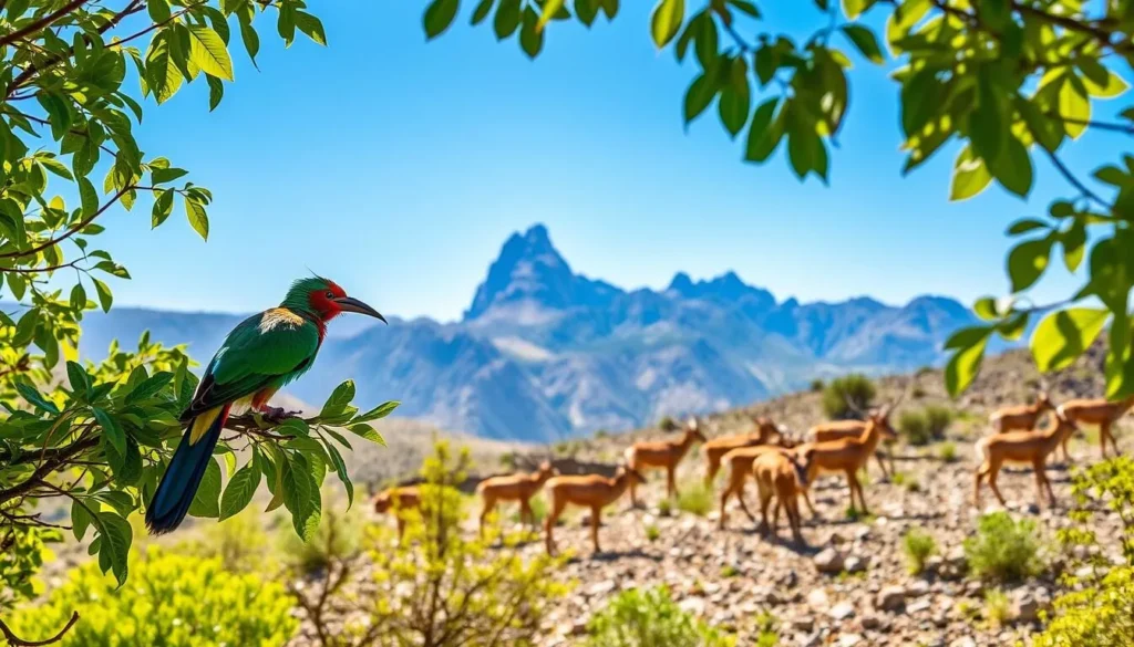 A vibrant scene in the Sierra De Órganos National Park, Mexico, teeming with diverse wildlife. In the foreground, a colorful quetzal bird perches on a lush, verdant branch, its iridescent plumage shimmering in the warm, dappled sunlight. In the middle ground, a herd of pronghorn antelope graze peacefully, their sleek, tan coats contrasting with the rugged, rocky terrain. In the distance, the majestic peaks of the Sierra De Órganos rise up, their sharp, jagged silhouettes framed by a clear, azure sky. The scene exudes a sense of tranquility and natural wonder, capturing the essence of Durango's captivating natural beauty.