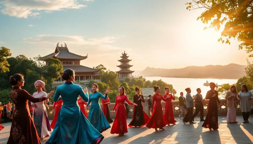 A vibrant scene in the ancient city of Hue, Vietnam, showcasing the cultural heritage of its renowned festivals. In the foreground, a group of performers dressed in traditional ao dai costumes gracefully dance to the rhythm of traditional Vietnamese music. In the middle ground, the iconic Thien Mu Pagoda stands tall, its ornate architecture and serene atmosphere creating a sense of timeless elegance. The background is filled with lush greenery and the glistening Perfume River, reflecting the natural beauty that has long inspired the artistic traditions of Hue. Warm, golden sunlight filters through the scene, illuminating the vibrant colors and creating a sense of warmth and celebration. The overall composition captures the essence of Hue's cultural heritage, where the past and present harmoniously coexist.
