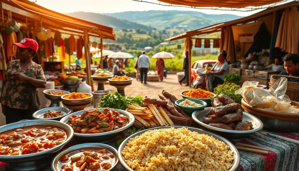 A vibrant scene of Angolan cuisine, showcasing an array of colorful dishes and ingredients. In the foreground, a table laden with fragrant stews, grilled meats, and traditional starches like mufete and milho cozido. The middle ground features a bustling open-air market, with vendors offering an assortment of fresh produce, spices, and local delicacies. In the background, lush, verdant landscapes and sun-dappled buildings create a warm, inviting atmosphere. Warm, golden lighting casts a soft glow over the scene, capturing the vibrant essence of Angolan culinary traditions. The image exudes a sense of authenticity, celebration, and the rich cultural heritage of this captivating West African nation.