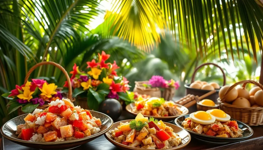 A vibrant scene of Big Island cuisine set against a backdrop of lush, verdant foliage. In the foreground, a beautifully plated dish showcases the fresh, locally sourced ingredients – succulent poke, aromatic Hawaiian sea salt, and vibrant tropical fruits. Sizzling Kalua pork and steaming plates of loco moco fill the middle ground, surrounded by vibrant floral arrangements and woven baskets overflowing with breadfruit and taro. Soft, natural lighting filters through the palm fronds, casting a warm, inviting glow over the entire scene. The mood is one of celebration, with the rich flavors and cultural heritage of the Big Island cuisine taking center stage.