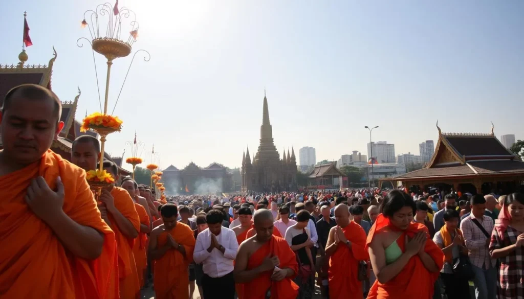 A vibrant scene of Buddhist celebrations unfolding in the heart of Phnom Penh, Cambodia. In the foreground, a procession of saffron-robed monks carrying incense and flowers, their tranquil expressions radiating serenity. Devotees kneel in prayer, their hands clasped, faces lit by the warm, golden light filtering through the pagoda's intricate architecture. In the middle ground, the iconic spires of Wat Phnom rise majestically, their gilded roofs glimmering under the clear, azure sky. Surrounding the temple, a bustling crowd of locals and tourists alike, their colorful traditional garments adding vibrancy to the scene. In the background, the city skyline, a mix of modern high-rises and historic buildings, providing a striking contrast to the timeless spiritual festivities.