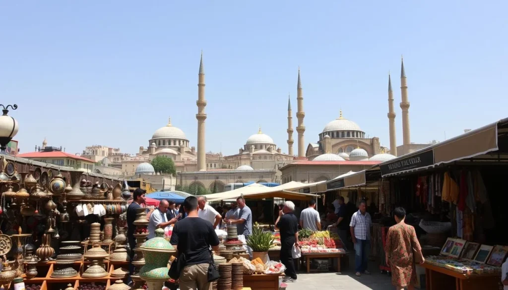 A vibrant scene of Lebanese art and culture, captured on a sunny day in the heart of a bustling city. In the foreground, a group of local artisans showcase their intricate handcrafted wares, including colorful ceramics, intricate metalwork, and richly embroidered textiles. The middle ground features a lively open-air market, where vendors peddle aromatic spices, fresh produce, and traditional Lebanese delicacies. In the background, towering minarets and domes of historic mosques and churches rise against a cloudless sky, reflecting the diverse architectural heritage of the region. The image conveys the vibrant, welcoming spirit of Lebanese culture, with a warm, inviting atmosphere and a sense of timeless tradition.