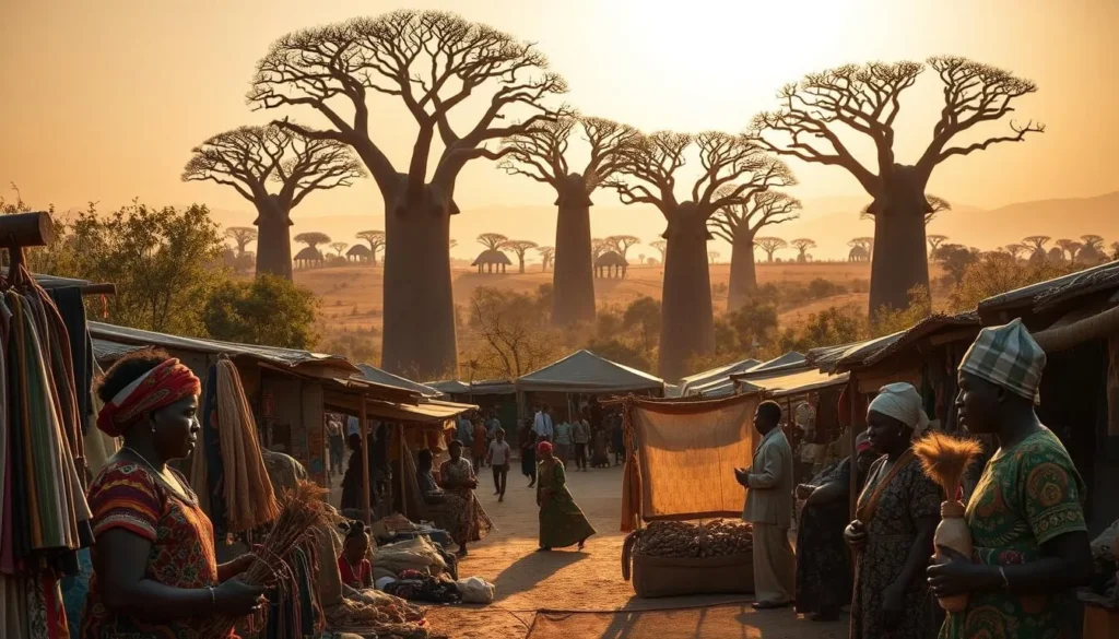 A vibrant scene of Malanje's cultural heritage unfolds. In the foreground, local artisans showcase their intricate handcrafted wares, from vibrant textiles to intricate woodcarvings. The middle ground features a lively market bustling with activity, where vendors sell an array of traditional foods and goods. In the background, the imposing silhouettes of ancient baobab trees dot the landscape, casting long shadows across the scene. Warm, golden light filters through the branches, creating a serene and inviting atmosphere. The overall composition celebrates the rich tapestry of Malanje's cultural identity, inviting the viewer to immerse themselves in the vibrant traditions and the timeless beauty of this Angolan destination.